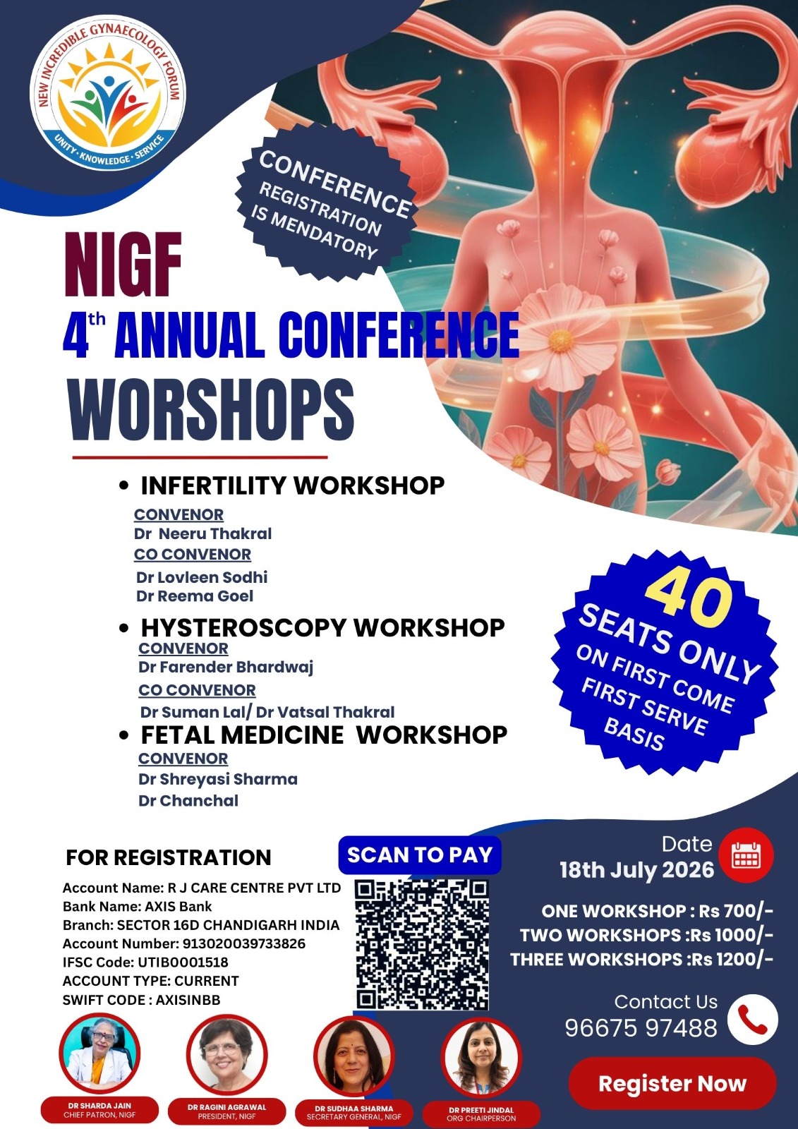 Join the NIGF Annual Conference 2026 at Fortis Hospital Mohali, Chandigarh on 18–19 July 2026. Participate in scientific sessions, workshops, paper and poster presentations, quiz competitions, MCM, GBM, and networking opportunities.